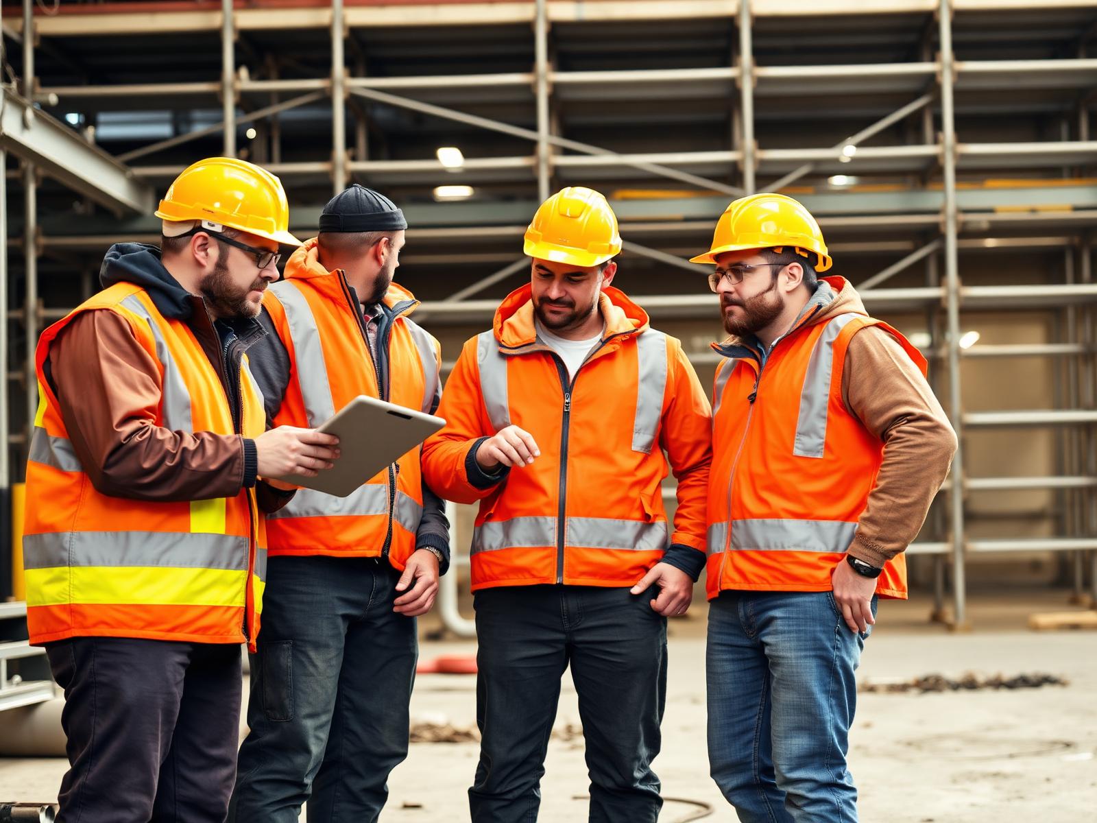 Equipo de obra reunido revisando un tablet